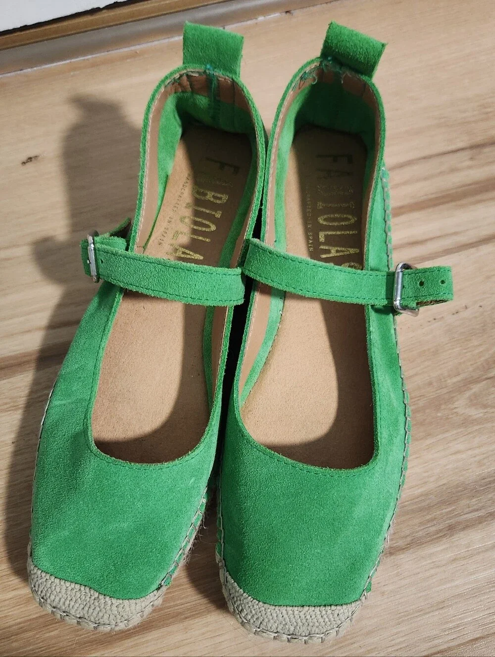Fabiolas Green Suede Espadrille Mary Jane Flats